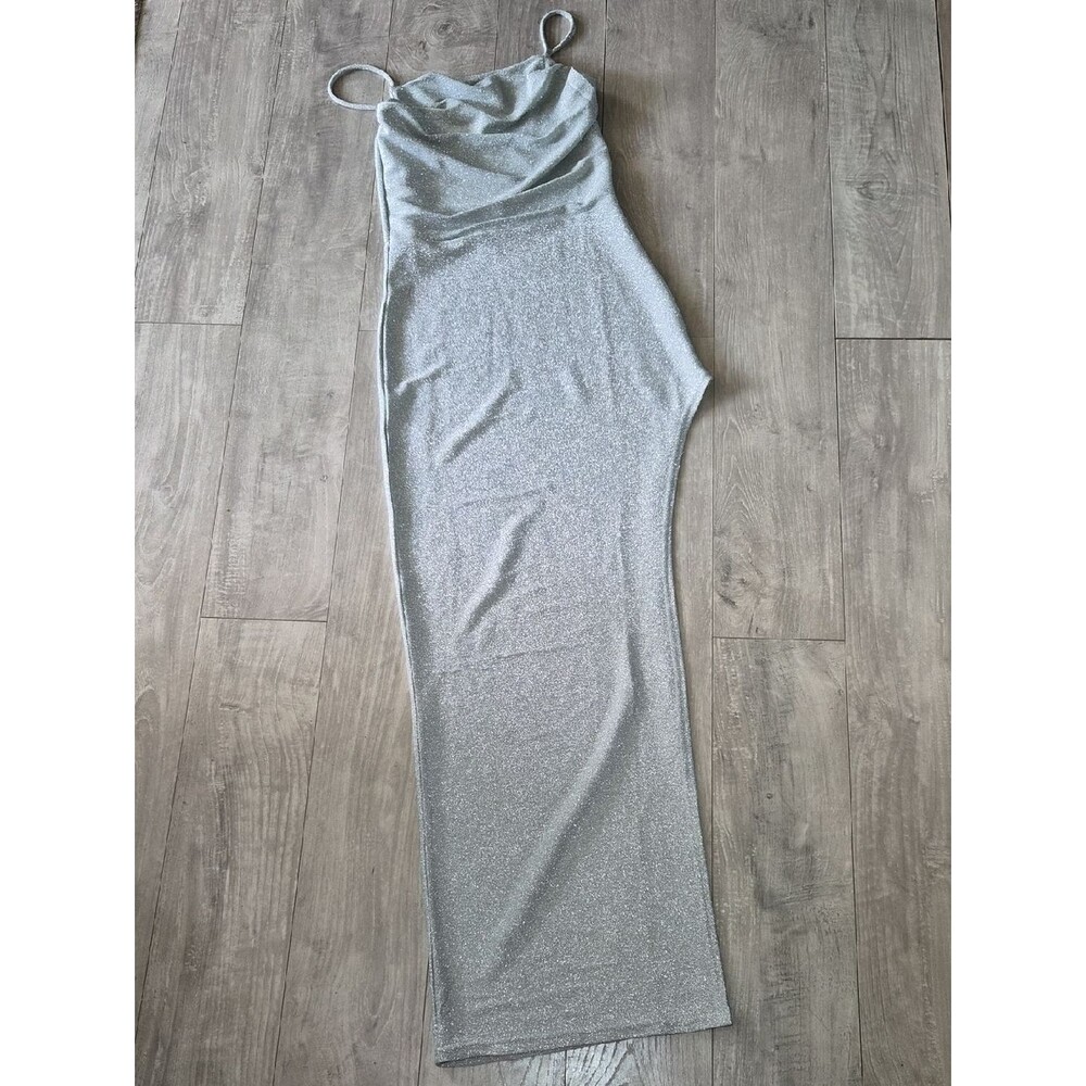 Y2K Silver Sparkle Cowl Neck Maxi Dress